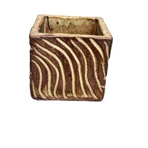 Handmade Pottery Vase Holder 2" Tall Square Cube Abstract Rustic Ridged Brown